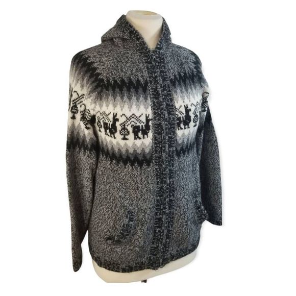 Womens Hooded Cardigan Sweater Gray Cashmere Alpaca Long Sleeve Zipper Pockets M